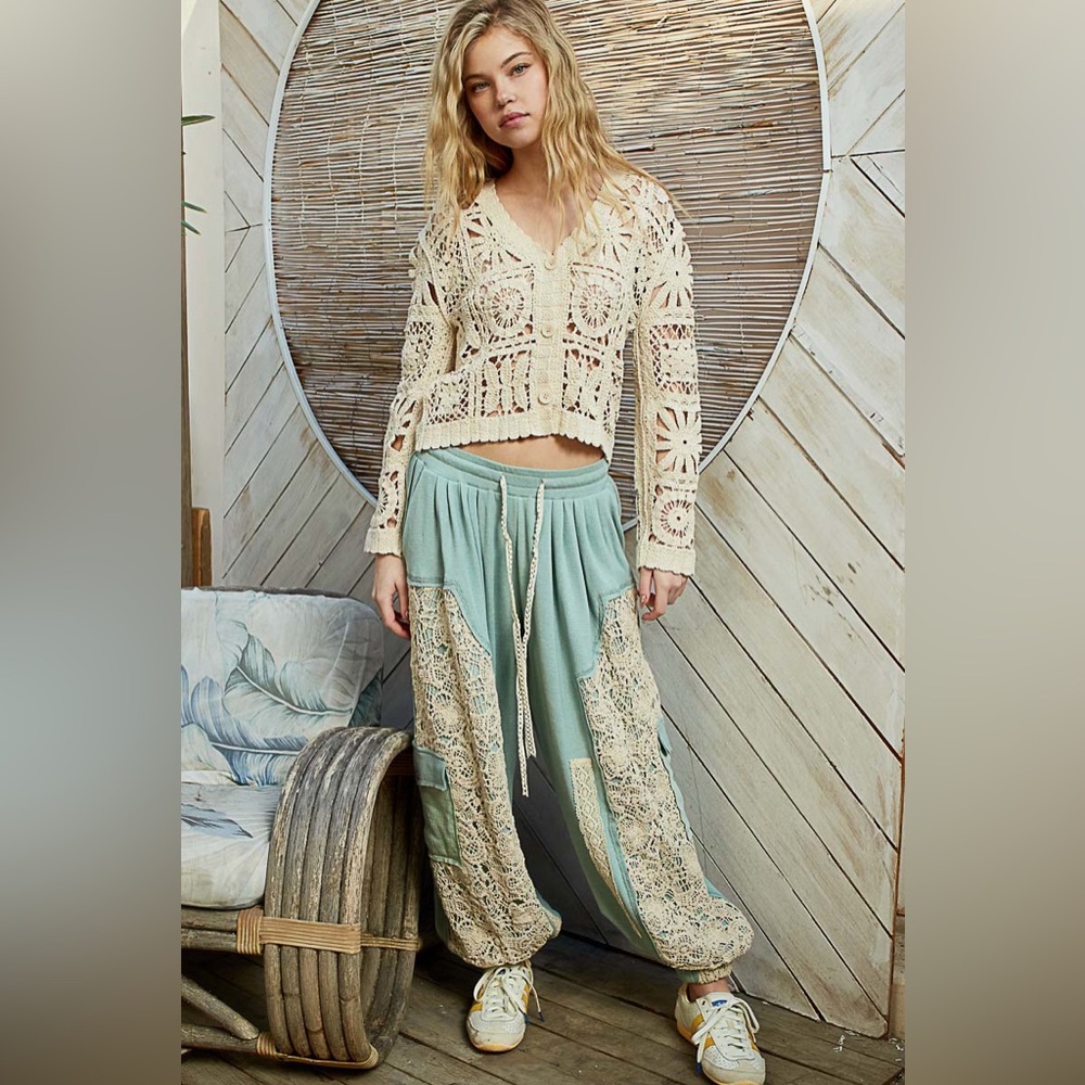 POL lace pants boho joggers teal blue green pockets drawstring - Picture 2 of 9